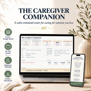 May include: A digital caregiver organizer titled The Caregiver Companion displayed on a laptop screen and a smartphone. The interface shows medical tracking, medication schedules, and contact information. Icons indicate Excel and Google Sheets compatibility.