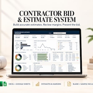 May include: A laptop screen displaying a Contractor Bid & Estimate System dashboard with financial data, cost breakdowns, and project charts. The interface includes tables for estimated costs, profit margins, and task lists, with Excel and Google Sheets icons.