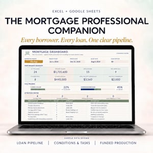 May include: A laptop screen displaying a Mortgage Dashboard spreadsheet for Excel and Google Sheets. The interface shows performance snapshots, goal progress, and an attention centre for loan tasks. Text includes The Mortgage Professional Companion.