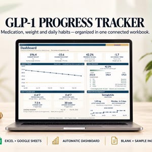 Op de afbeelding: Een laptopscherm met een GLP-1 voortgangs-dashboard met grafieken en gegevens over gewicht, medicatie en dagelijkse gewoonten, inclusief secties voor gewichtstrends, doelvoortgang, de laatste zeven dagen en een overzicht van medicatie.