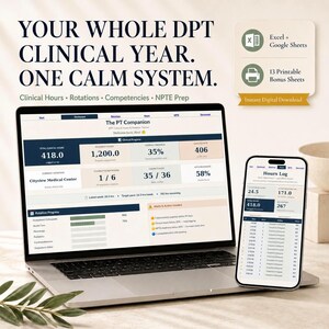 DPT Clinical Hours Tracker, Physical Therapy Student Planner, Clinical Rotation and NPTE Study Spreadsheet, Excel and Google Sheets