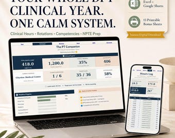 DPT Clinical Hours Tracker, Physical Therapy Student Planner, Clinical Rotation and NPTE Study Spreadsheet, Excel and Google Sheets