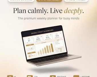 Aesthetic Productivity Planner Excel Google Sheets | Weekly Daily Habit Tracker ADHD | Digital Goal Planner + Printable Bonus