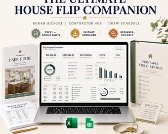 House Flip Tracker Spreadsheet Excel Google Sheets | Fix & Flip Project Manager | Rehab Budget Contractor Draw Log + Printable Field Binder