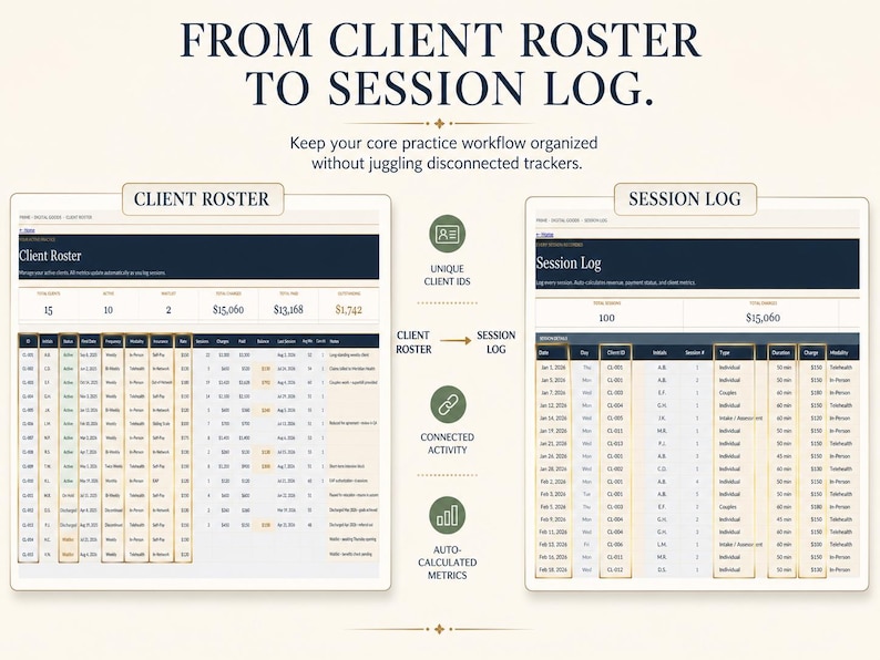 Puede incluir: Un panel de control digital titulado FROM CLIENT ROSTER TO SESSION LOG. Presenta dos tablas principales: Client Roster y Session Log, con columnas para datos de clientes, fechas y m&eacute;tricas financieras. Tres iconos circulares destacan identificadores de cliente &uacute;nicos, actividad conectada y m&eacute;tricas calculadas autom&aacute;ticamente.