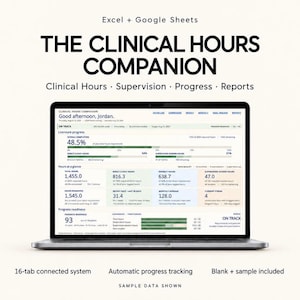 May include: A laptop screen displaying The Clinical Hours Companion dashboard for Excel and Google Sheets. The interface shows progress metrics, including licensure progress, direct client hours, supervision hours, and progress readiness data.