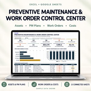 Preventive Maintenance Spreadsheet & Work Order Tracker, Excel CMMS Template, Equipment Asset Maintenance Log, Printable Maintenance Binder