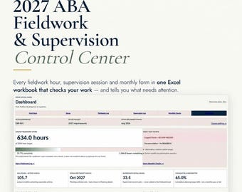 2027 BCBA Fieldwork and Supervision Tracker | Excel and Google Sheets | ABA Hours Auto Checks