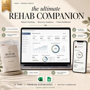 Puede incluir: Un producto digital titulado "The Ultimate Rehab Companion" se muestra en una computadora portátil, un teléfono inteligente y una guía del usuario. La pantalla de la computadora portátil muestra visualizaciones de datos. El producto incluye seguimiento de pacientes, análisis de recuperación y un panel clínico.
