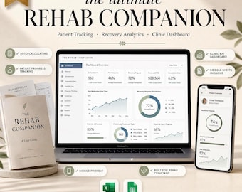 Rehab Companion · Premium Clinic Tracker for Physical Therapists · Excel & Google Sheets · Patient Roster · Dashboard · HEP