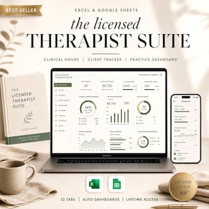 May include: A digital product suite for therapists, displayed on a laptop, phone, and a user guide. The laptop screen shows data visualizations and charts. The text on the screen reads "the licensed THERAPIST SUITE". Includes Excel and Google Sheets.