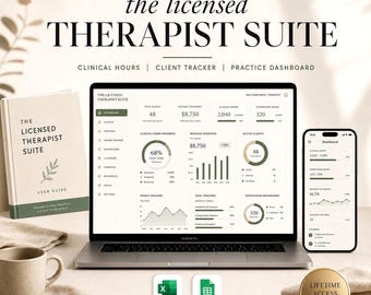 May include: A digital product suite for therapists, displayed on a laptop, phone, and a user guide. The laptop screen shows data visualizations and charts. The text on the screen reads "the licensed THERAPIST SUITE". Includes Excel and Google Sheets.