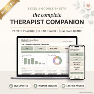 Puede incluir: Una computadora portátil y un teléfono inteligente muestran un panel para terapeutas, con visualizaciones de datos y el texto "The Therapist Companion". La imagen incluye las frases "Excel & Google Sheets" y "Private Practice | Client Tracker | Live Dashboard."