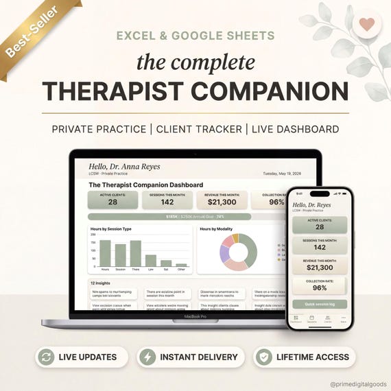Therapist Planner Spreadsheet | Private Practice Management Excel and Google Sheets Template | LCSW LMFT LPC Client Income Tracker