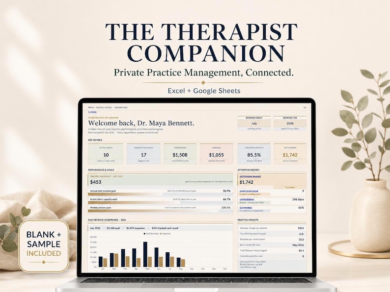 Puede incluir: Una pantalla de port&aacute;til que muestra The Therapist Companion, un panel de gesti&oacute;n de consulta para Excel y Google Sheets. La interfaz presenta m&eacute;tricas, objetivos de rendimiento y gr&aacute;ficos financieros para la Dra. Maya Bennett, con versiones incluidas.