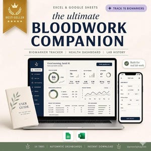 May include: A laptop, smartphone, and user guide are displayed, showcasing the "Bloodwork Companion" for Excel and Google Sheets. The screen shows a health dashboard with biomarker tracking and lab history. The user guide has a leaf design.