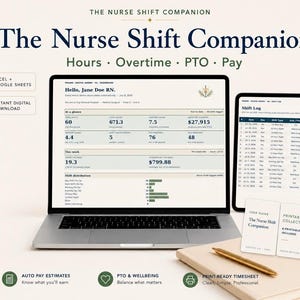 May include: A digital dashboard titled The Nurse Shift Companion displayed on a laptop and tablet screen, featuring columns for hours, overtime, PTO, and pay. The interface includes a shift log, data tables, and charts for tracking work schedules.