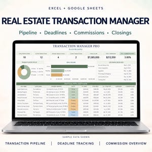 Può includere: Uno schermo di computer portatile che mostra una dashboard di gestione delle transazioni immobiliari per Excel e Google Sheets. L'interfaccia presenta una tabella di riepilogo, grafici di volume e scadenze con colonne per stato.