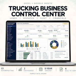 Könnte beinhalten: Ein Laptop-Bildschirm mit einem Trucking Business Control Center für Excel und Google Sheets. Die Benutzeroberfläche zeigt ein Executive-Dashboard mit Finanzkennzahlen, Balkendiagrammen, einem Kreisdiagramm sowie Listen für Frachtdaten.