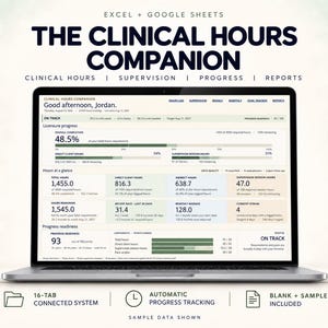 以下が含まれることがあります： 臨床時間、スーパービジョン、進捗状況を追跡するためのExcelおよびGoogleスプレッドシートのダッシュボード「The Clinical Hours Companion」を表示するノートパソコンの画面。データテーブル、進捗バー、ライセンス指標が含まれています。