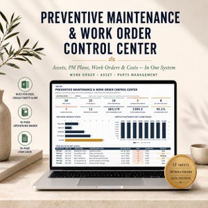 May include: A laptop screen displaying a Preventive Maintenance and Work Order Control Center dashboard with data tables, bar charts, and metrics. Includes a 91-page operations binder, a 36-page user guide, and a gold seal stating 13 sheets and 2026 edition.