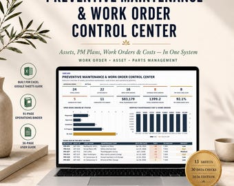 Preventive Maintenance Spreadsheet & Work Order Tracker, Excel CMMS Template, Equipment Asset Maintenance Log, Printable Maintenance Binder