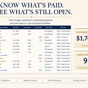 Puede incluir: Un panel digital titulado KNOW WHAT'S PAID. SEE WHAT'S STILL OPEN. con una tabla que incluye columnas para Charge, Payment Status, Date Paid, Amount Paid, Outstanding, Claim Status, CPT Code y un recuadro con un saldo de $1,742.