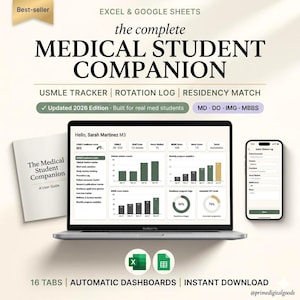 Może przedstawiać: Laptop z wykresami postępów studentów medycyny, smartfon i przewodnik zatytułowany "The Medical Student Companion". Obraz zawiera tekst: "MEDICAL STUDENT COMPANION", "USMLE TRACKER" i "Updated 2026 Edition."