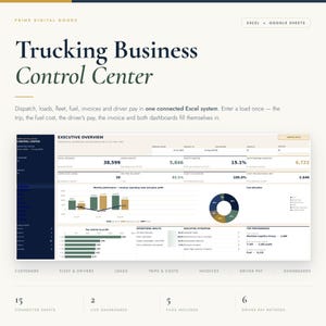 May include: A digital Trucking Business Control Center spreadsheet template for Excel and Google Sheets. The interface displays an Executive Overview dashboard with revenue, profit, and fleet performance metrics, including bar charts, a pie chart, and data tables.