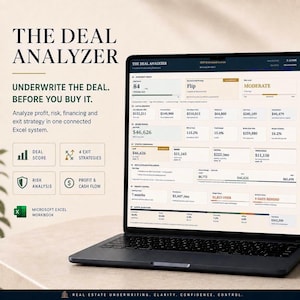 May include: A laptop displaying The Deal Analyzer, an investment underwriting dashboard. The screen shows financial data, including deal score, profit, risk, and exit strategies. Text on the left reads: The Deal Analyzer, Underwrite the deal before you buy it.