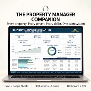 Può includere: Uno schermo di computer portatile che mostra la dashboard esecutiva The Property Manager Companion con dati finanziari, grafici sulle prestazioni immobiliari ed elenchi di scadenze dei contratti, compatibile con Excel e Google Sheets per affitti e spese.