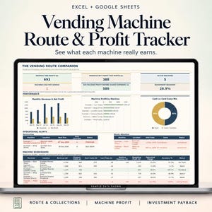 Vending Machine Tracker Spreadsheet for Excel and Google Sheets: Route, Expenses and Profit