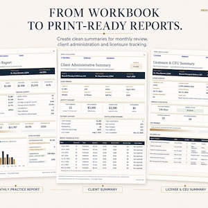 Puede incluir: Tres plantillas de informes digitales tituladas Monthly Practice Report, Client Administrative Summary y Licensure & CEU Summary. Los documentos presentan encabezados azul oscuro, fondos blancos y tablas de datos organizadas con m&eacute;tricas financieras y de actividad.