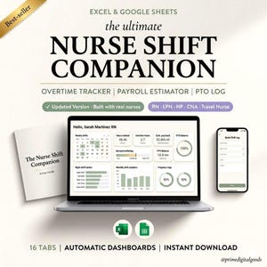 May include: A digital product advertisement for the "Nurse Shift Companion." The image features a laptop displaying a spreadsheet, a smartphone, and a user guide. Text includes "Overtime Tracker," "Payroll Estimator," and "Instant Download."