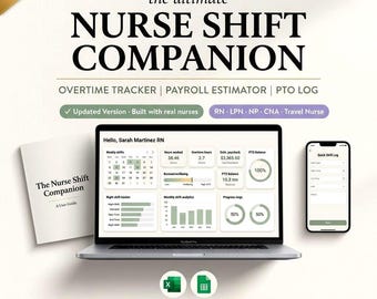 Nurse Shift Tracker for Excel & Google Sheets | Overtime Payroll Time Off Log for RN LPN NP | Healthcare Schedule Wellbeing Template