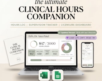 Clinical Hours Tracker Excel & Google Sheets | Supervision Log Spreadsheet for Therapists Counselors Nurses | Licensure Template