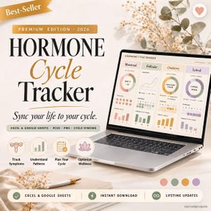 May include: A laptop displays a "Hormone Cycle Tracker" interface, with charts and graphs tracking menstrual cycles. The image includes text: "Sync your life to your cycle." and "Excel & Google Sheets." A gold banner reads "Best-Seller."