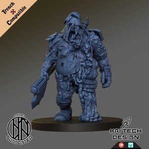 May include: A blue-grey miniature figure of a heavily armored warrior, holding a large weapon. The figure has a grotesque, textured appearance with skull details and is labeled "Trench Compatible" and "Kai Tech Design."