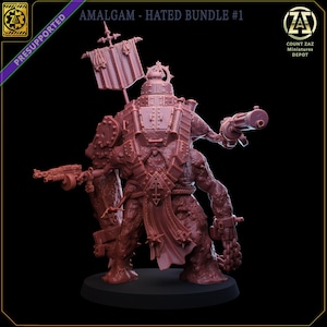 Könnte beinhalten: Detaillierte, rotbraune Miniaturfigur aus der "Amalgam - Hated Bundle #1" Kollektion. Die Figur hat mehrere Arme, eine Flagge und ist mit zwei großen Waffen ausgestattet. Die Figur steht auf einem schwarzen Sockel. Der Text "PRESUPPORTED" ist sichtbar.
