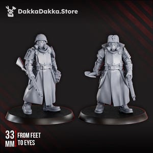 May include: Two gray miniature figures of soldiers in gas masks and armor, standing on black bases. One holds a rifle, the other a pistol and a melee weapon. The text on the image reads "33 mm from feet to eyes."