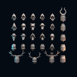 Könnte beinhalten: Eine Sammlung verschiedener grauer Helme, darunter solche mit Hörnern, Geweihen und einzigartigen Gesichtsmerkmalen. Die Helme sind vor einem dunklen Hintergrund angeordnet, der ihre komplizierten Designs und Details hervorhebt. Die Sammlung umfasst Helme mit Visieren und anderen dekorativen Elementen.