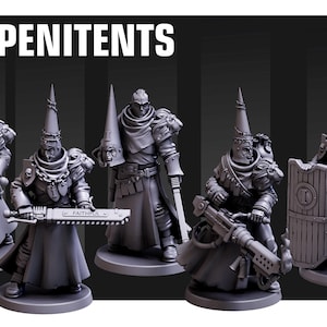 May include: Five gray miniature figures of armored characters, each with a tall, pointed hat. One figure holds a large hammer, another a chainsaw, and another a shield. The text "THE PENITENTS" is at the top.