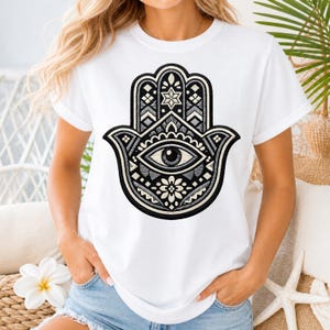 Black and White Hamsa Hand Embroidery Design – Evil Eye Protection Symbol – Ojo Turco Matte Embroidery Style (Commercial USE)