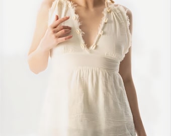 Cotton Boho Blouse, Beige Shell Trim, Sleeveless Open Back Summer Top