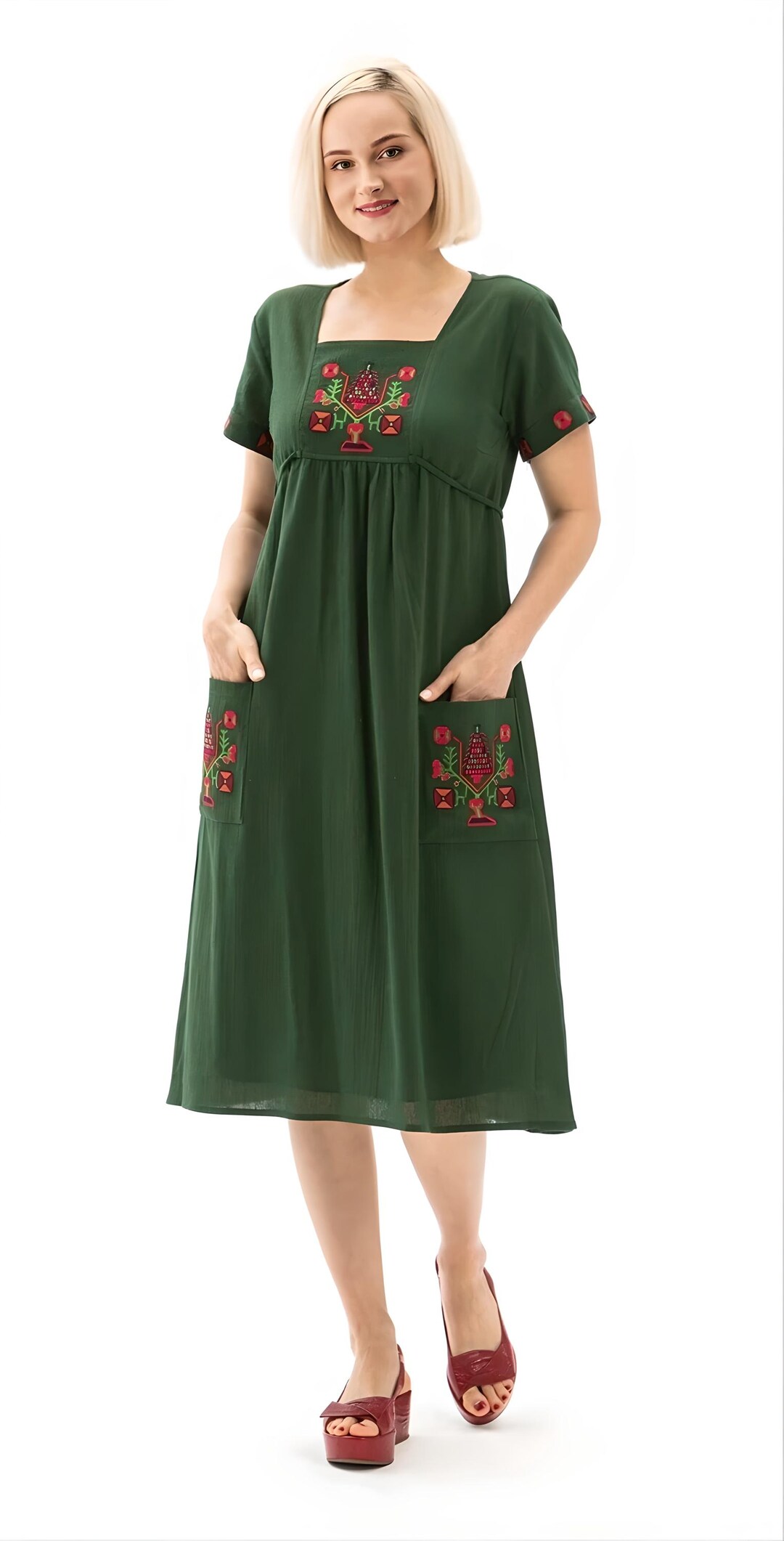 green embroidered trees organic cotton midi dress Floral Dress, Navy Blue/Green Boho Peasant Style Theme:Egyptian