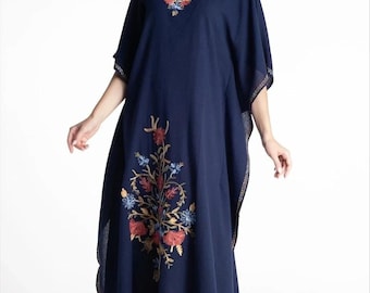 Floral Embroidery Cotton Maxi Dress, Navy Blue Boho Style