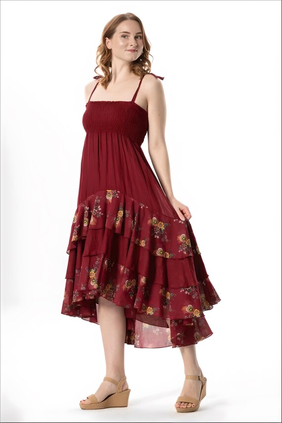 Burgundy Floral Cotton Midi Dress, Smocked Sundress, Ruffle Hem (L/XL)