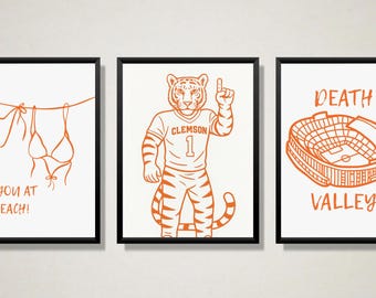 Decoración de pared de la Universidad de Clemson / 3 impresiones digitales de Clemson para dormitorio