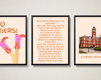3 impresiones digitales de Clemson / Decoración para dormitorios universitarios / Impresión digital de pared