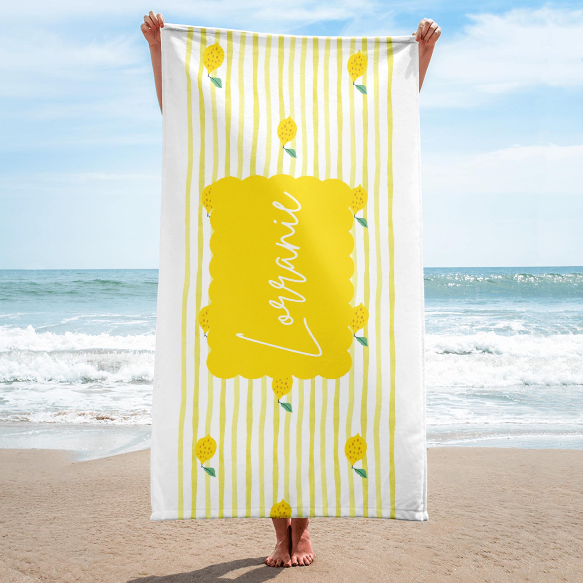 Personalized Lemon Beach Towel with Name | Custom Summer Towel for Women, Grandma, or Kids | Cute Striped Lemon Print | Poolside Gift Idea